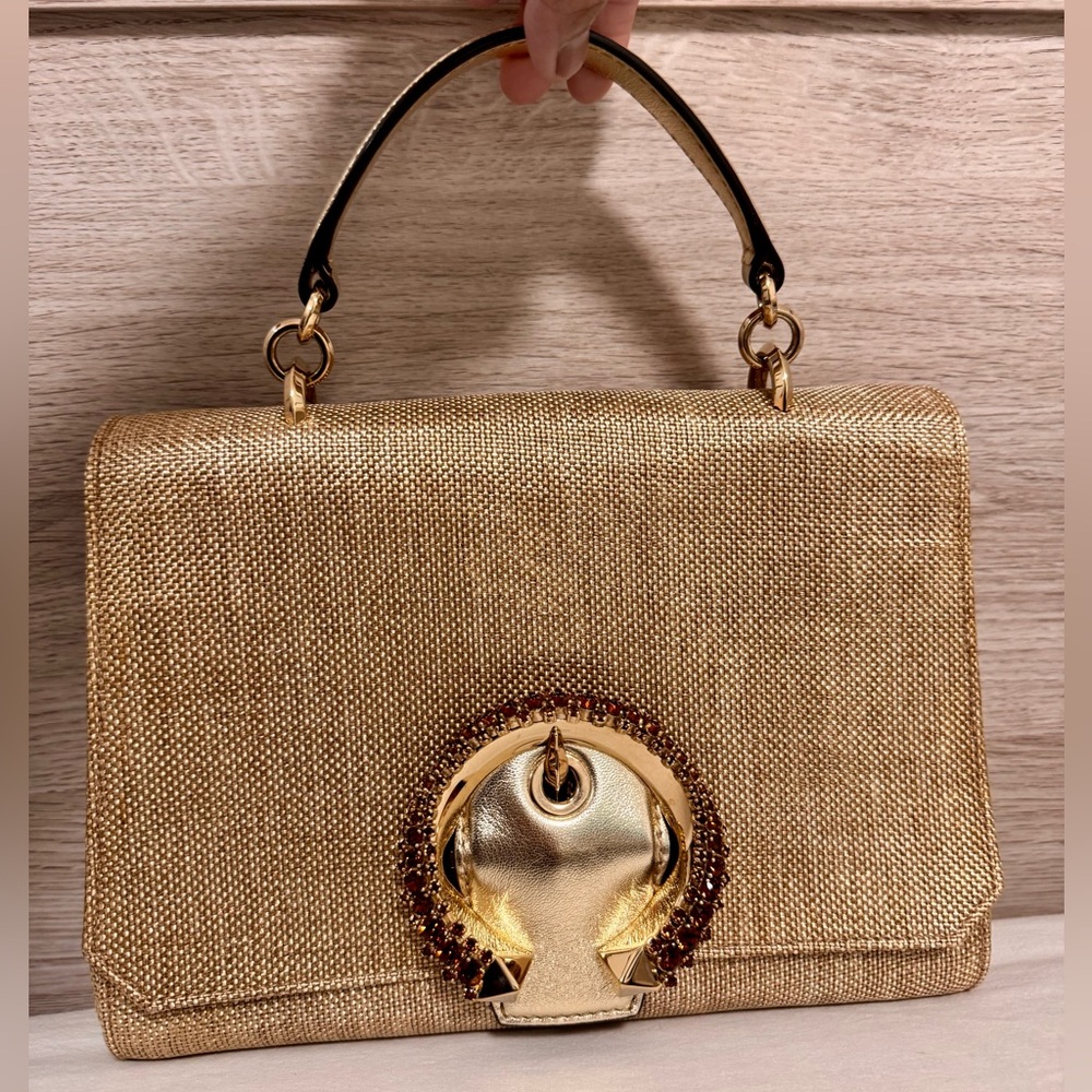 Jimmy Choo Gold Metallic Woven Top-Handle Shoulder Bag